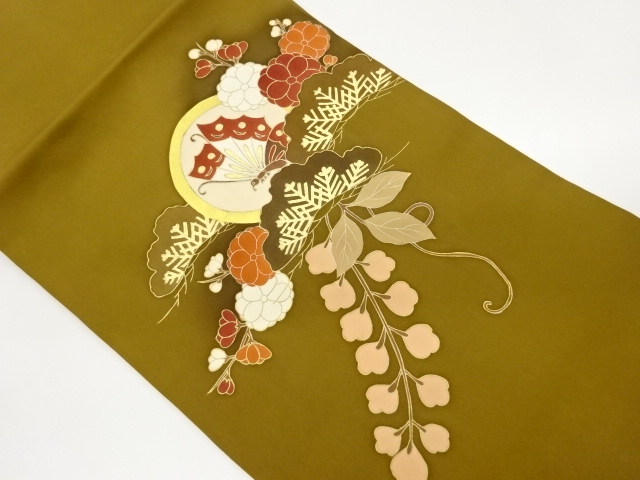 塩瀬金彩丸文に蝶・松・藤・梅模様名古屋帯